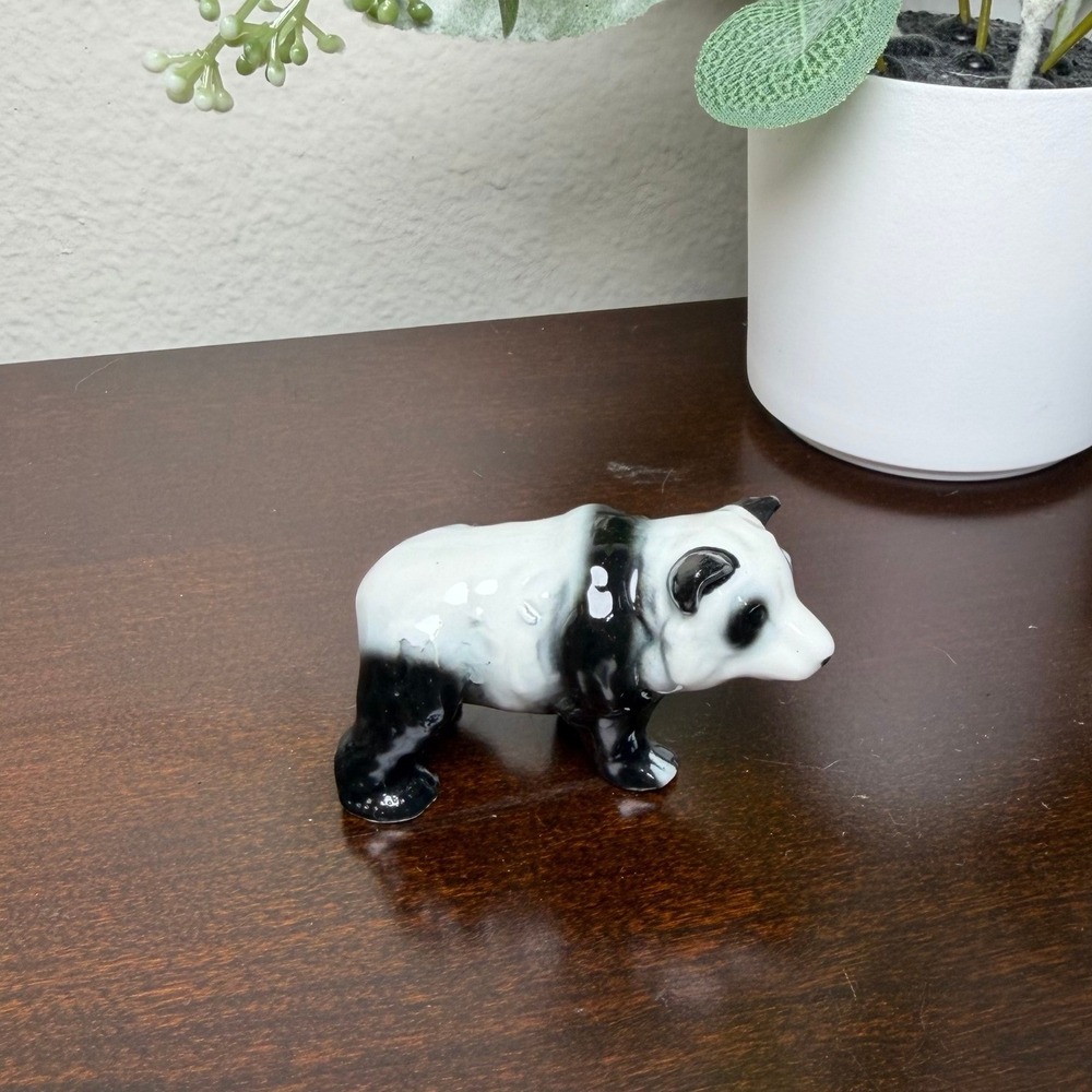 Vintage Miniature Panda Bear Porcelain Figurine Black‎ White Glossy Glazed